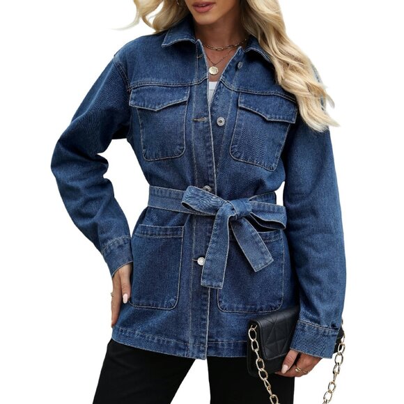 Oversized Denim Jacket with Belt Mid-Length Four Pockets Long Sleeve